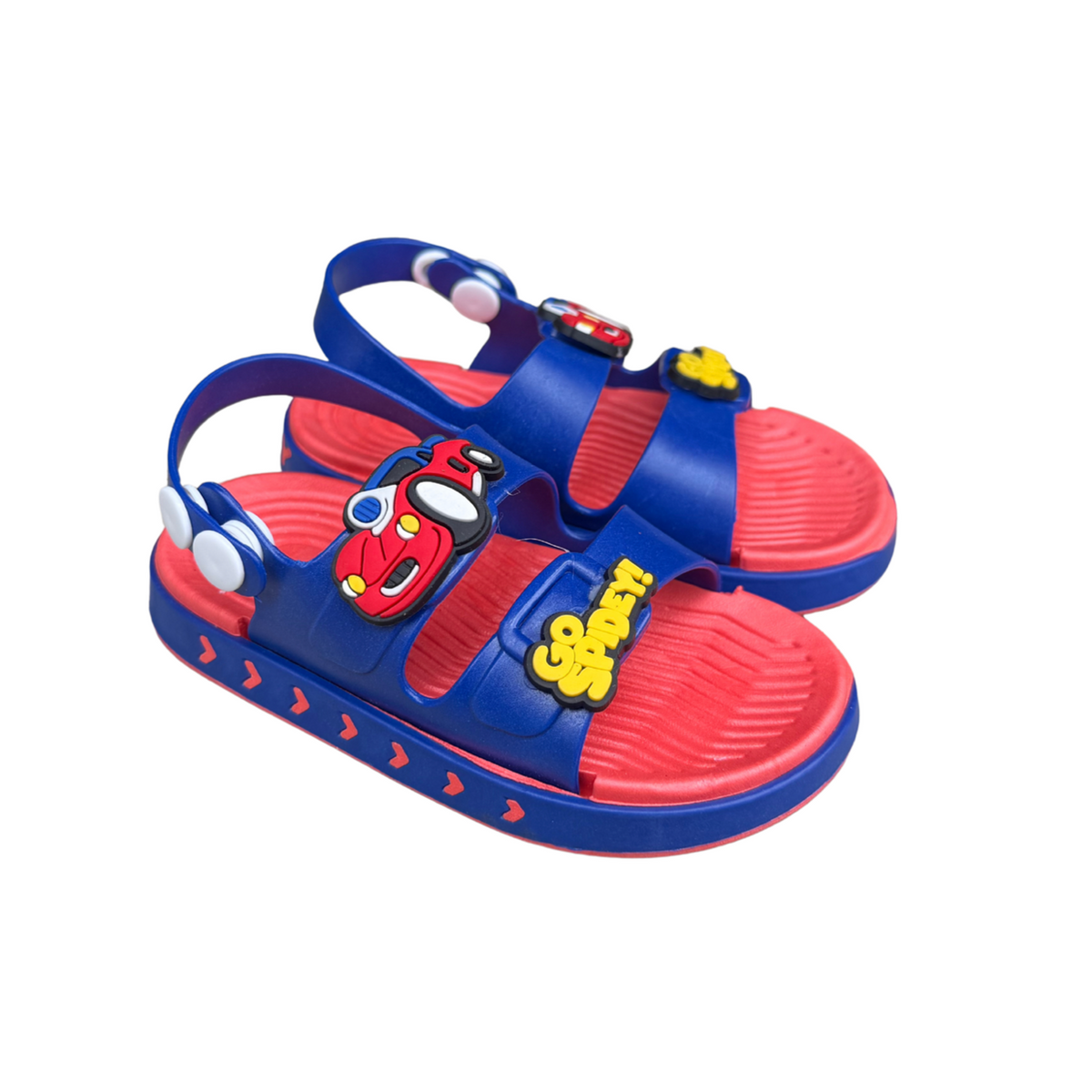 Pair of blue Cars Spidey sandals for boys, with a red car and “Spidey” on the straps, non-slip sole, cushioned