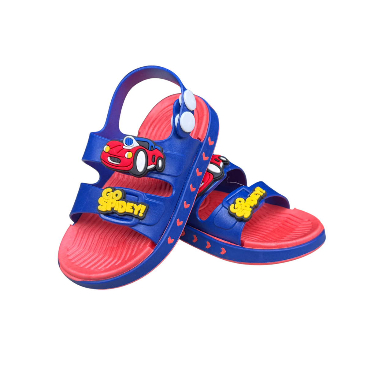 Pair of blue Cars Spidey sandals for boys, with a red car and “Spidey” on the straps, non-slip sole, cushioned