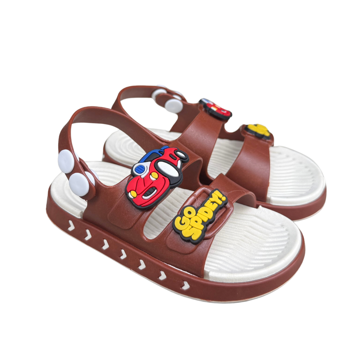 Pair of brown Cars Spidey sandals for boys, with a red car and “Spidey” on the straps, white sole, cushioned and lightweight