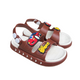 Pair of brown Cars Spidey sandals for boys, with a red car and “Spidey” on the straps, white sole, cushioned and lightweight