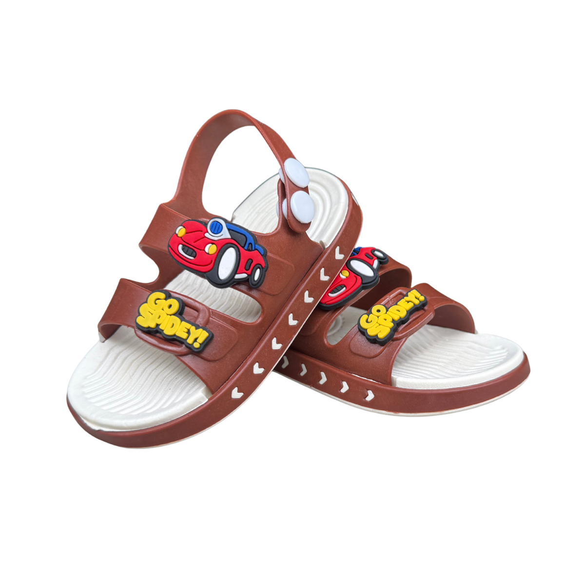 Pair of brown Cars Spidey sandals for boys, with a red car and “Spidey” on the straps, white sole, cushioned and lightweight