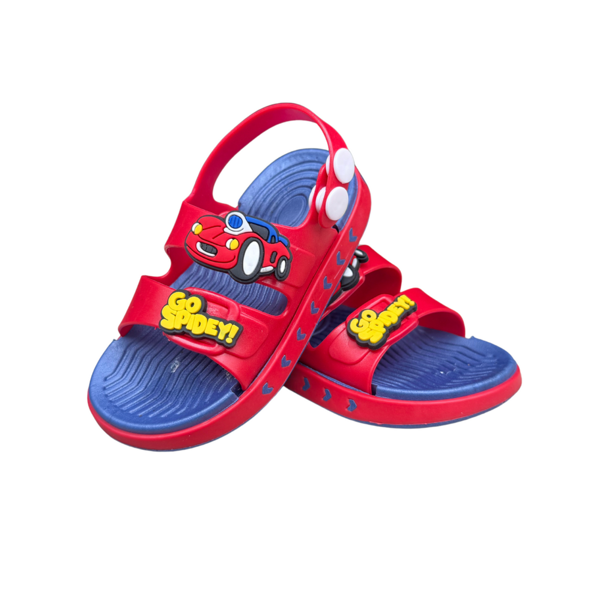 Pair of red Cars Spidey sandals for boys, with a car and “Spidey” on the straps, blue sole, cushioned and lightweight