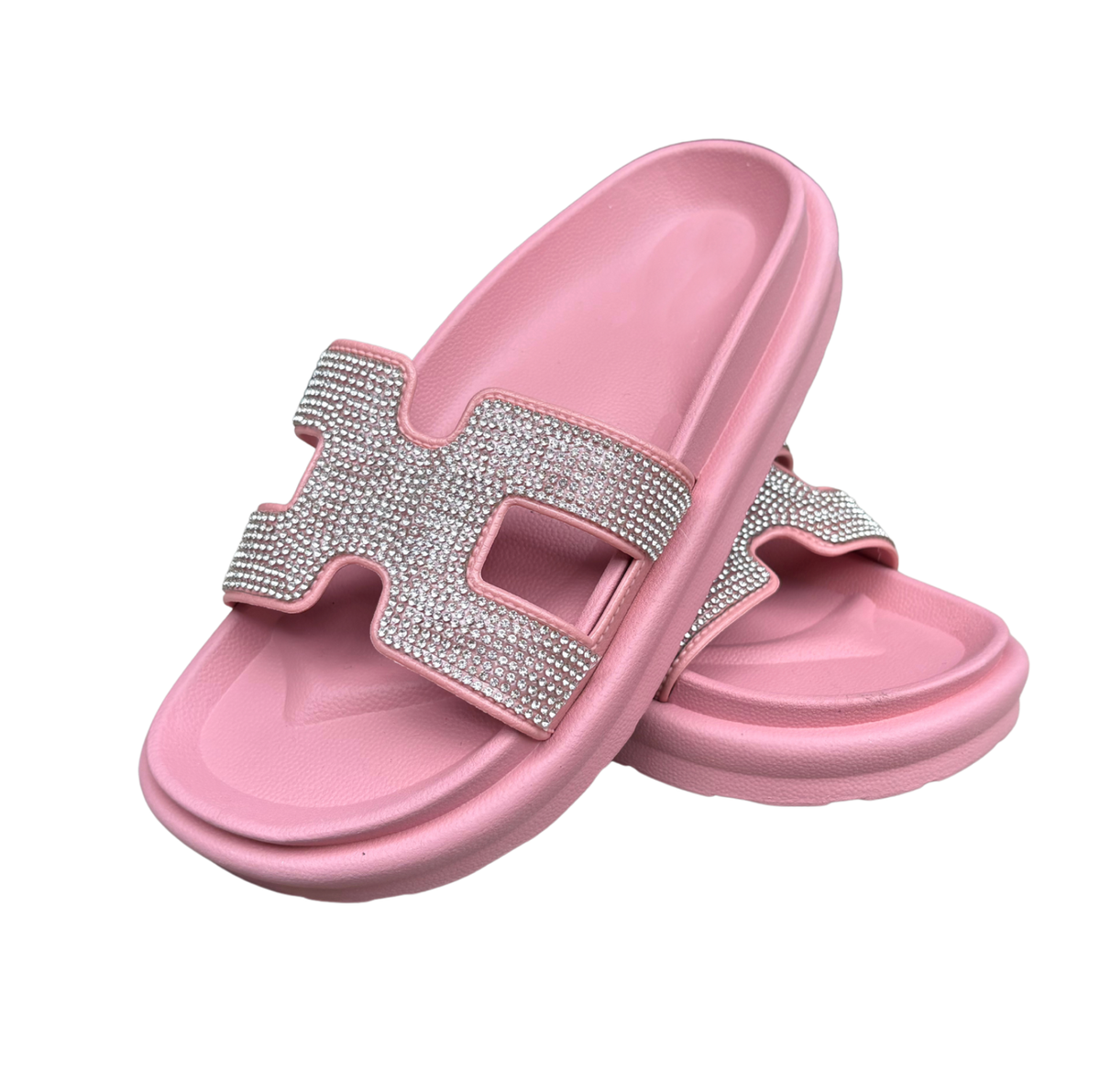 Women's rose Hera Glam platform sandal with a rhinestone H-shaped strap, side view