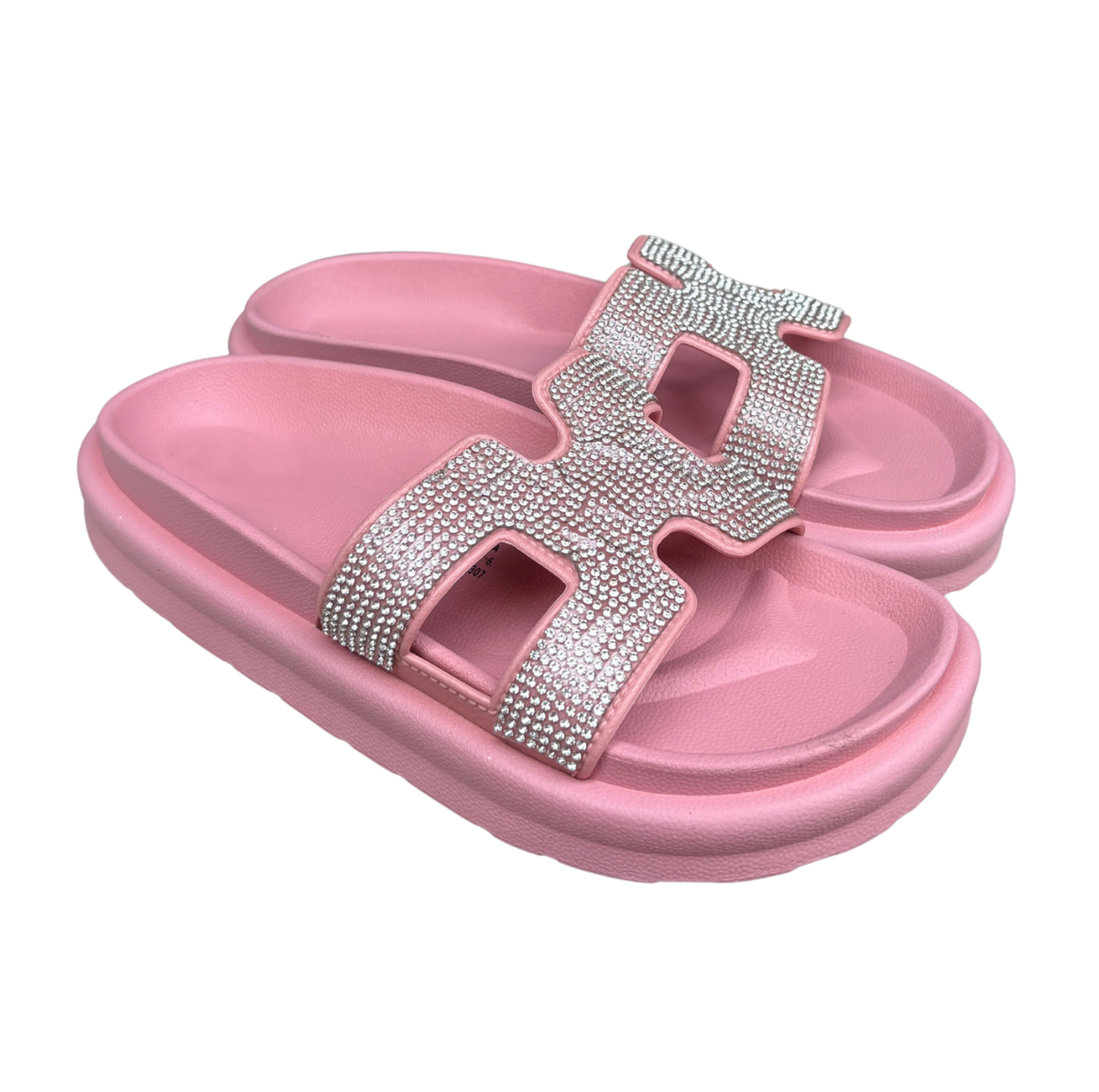Pair of rose Hera Glam sandals for women, platform style with a rhinestone H-strap, non-slip sole, cushioned