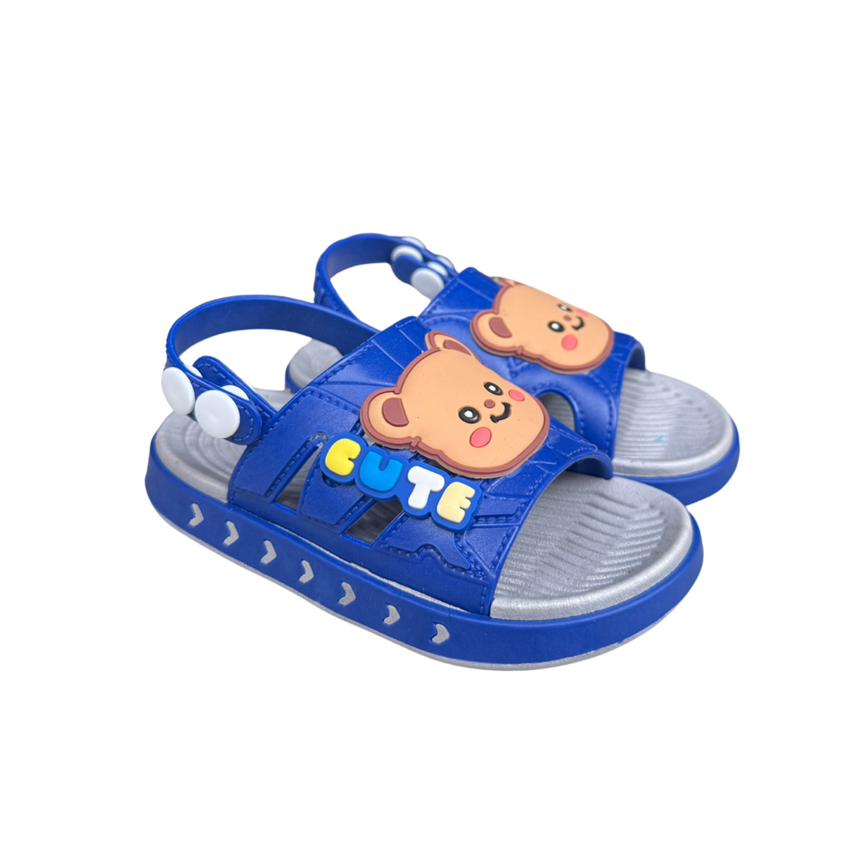 Pair of blue Cute Teddy sandals for boys, with a “Cute” teddy bear on the front and a heel strap, non-slip sole, cushioned