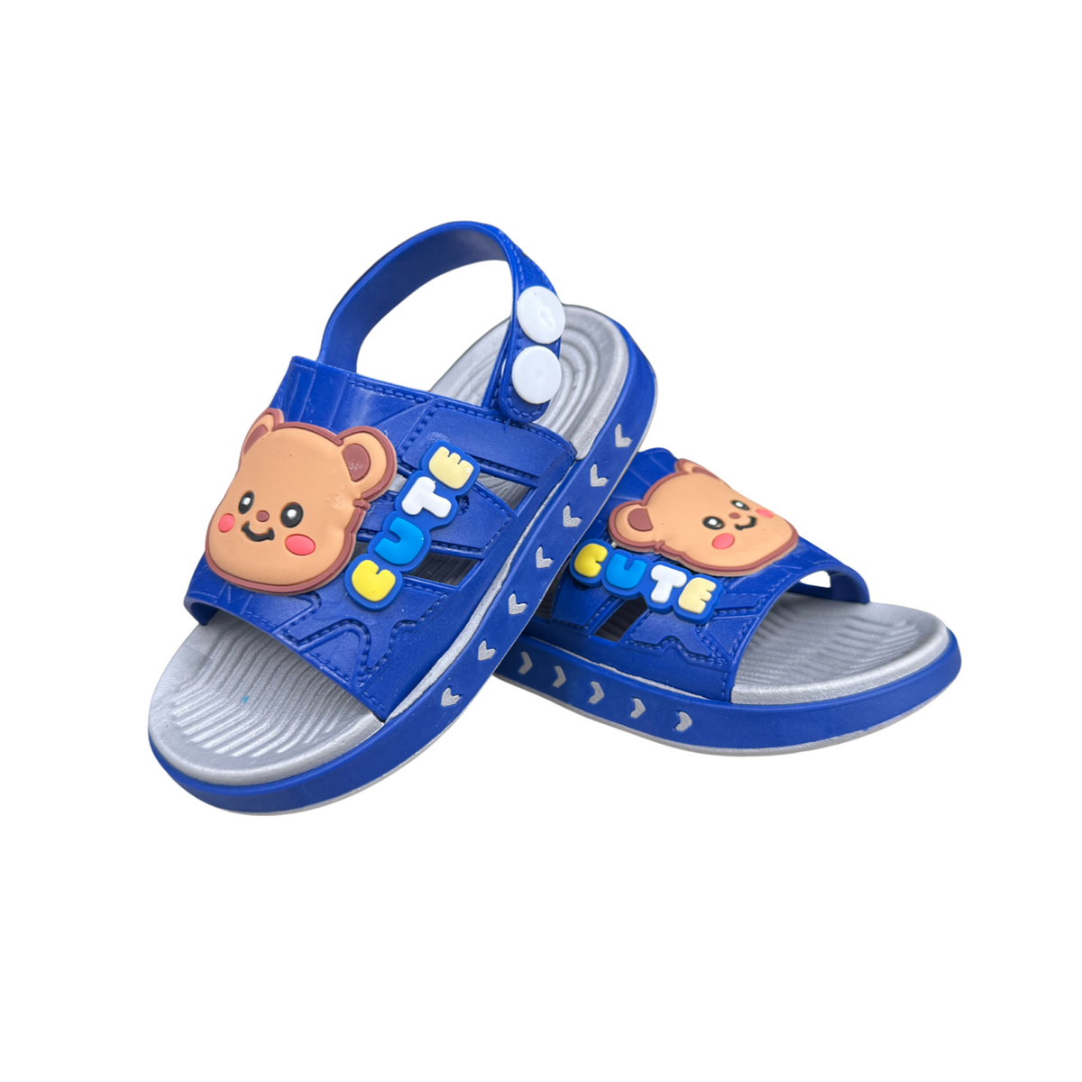 Pair of blue Cute Teddy sandals for boys, with a “Cute” teddy bear on the front and a heel strap, non-slip sole, cushioned