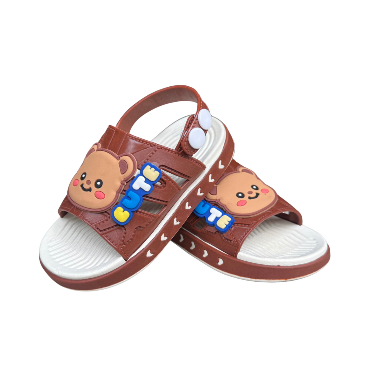 Pair of brown Cute Teddy sandals for boys, with a “Cute” teddy bear on the front and a heel strap, non-slip sole, cushioned