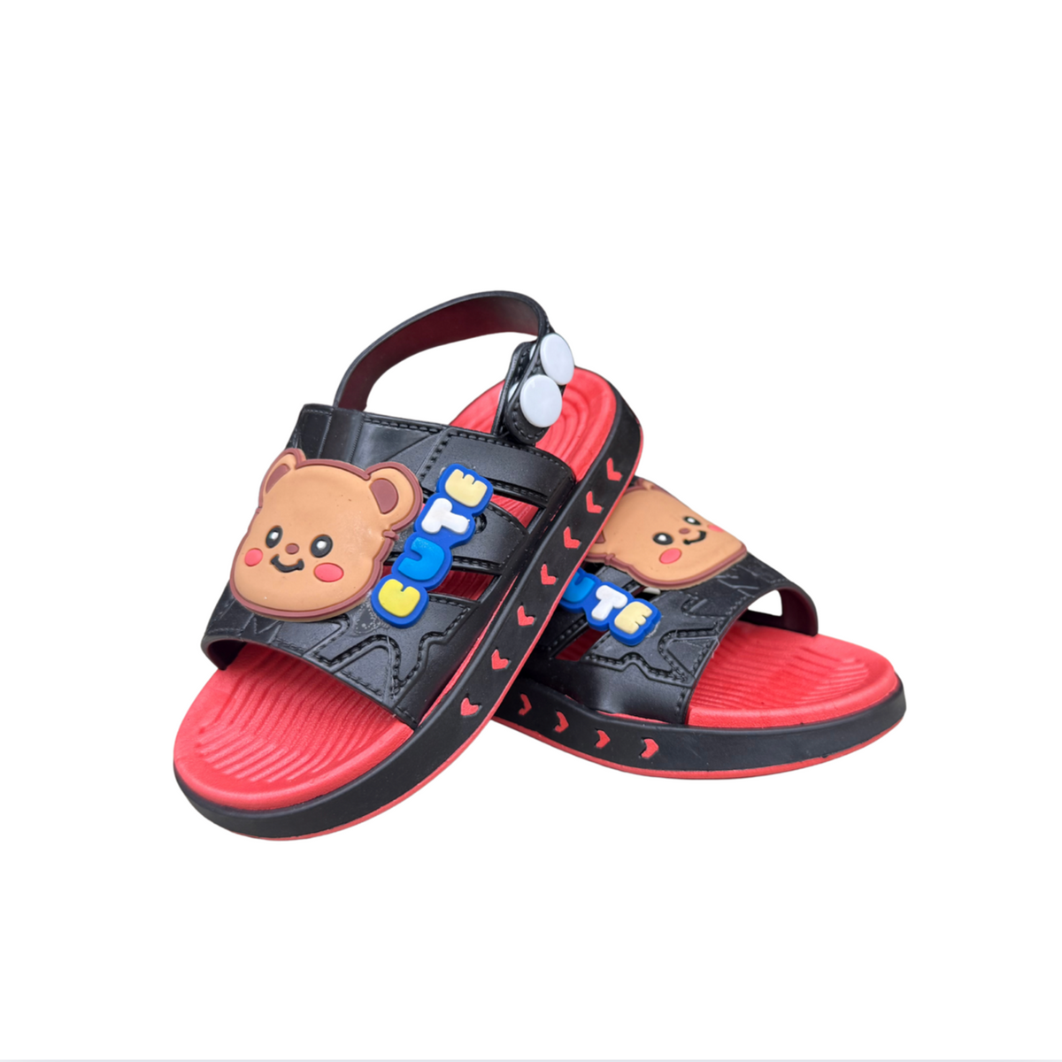 Pair of black Cute Teddy sandals for boys, with a “Cute” teddy bear on the front and a heel strap, non-slip sole, cushioned