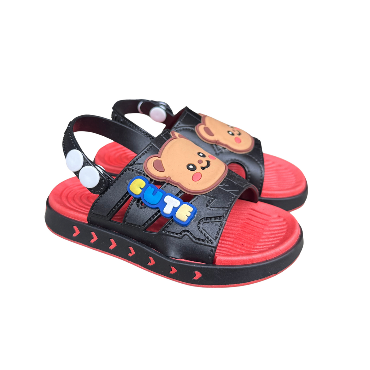 Pair of black Cute Teddy sandals for boys, with a “Cute” teddy bear on the front and a heel strap, non-slip sole, cushioned