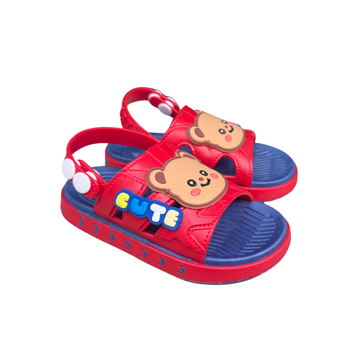 Pair of red Cute Teddy sandals for boys, with a “Cute” teddy bear on the front and a heel strap, non-slip sole, cushioned