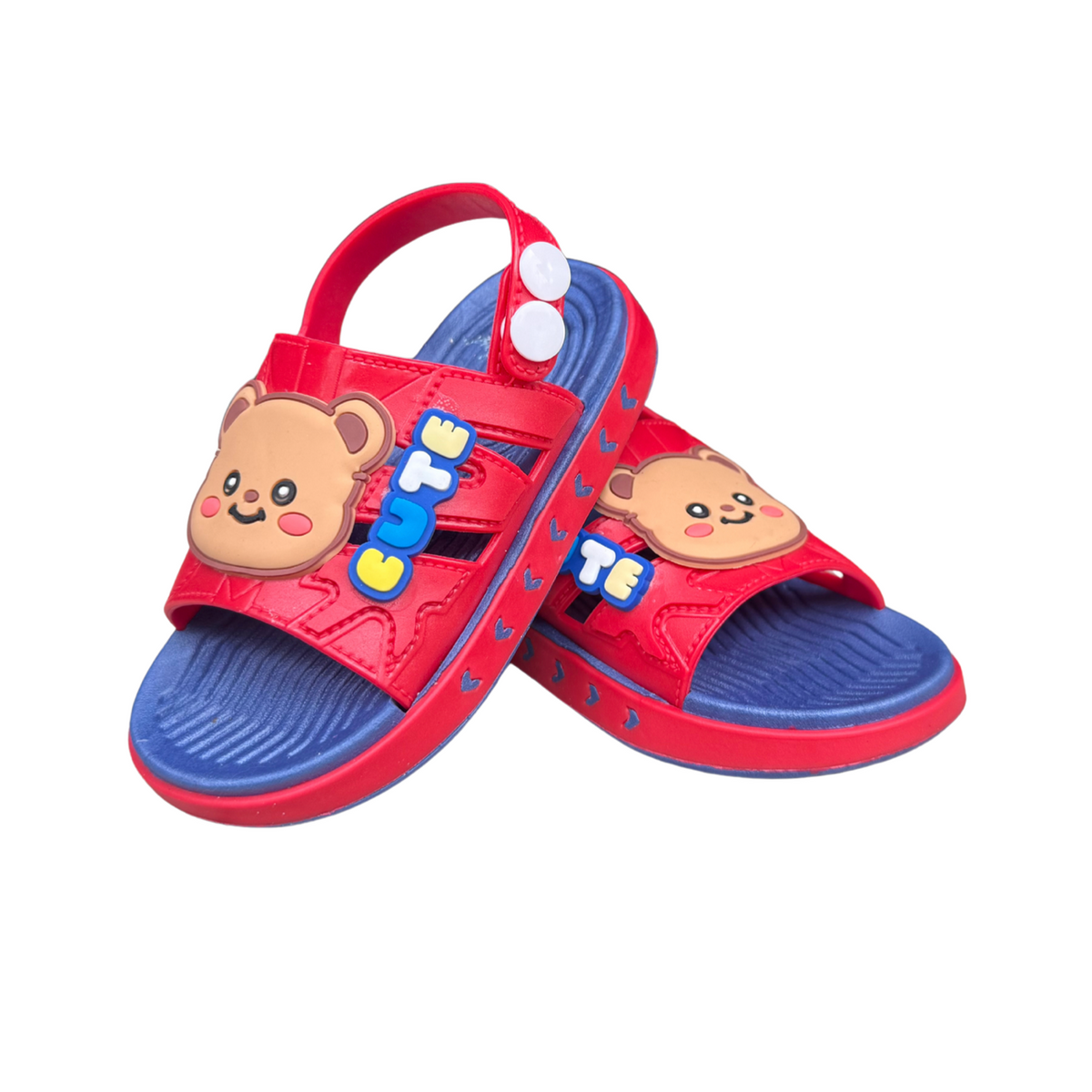 Pair of red Cute Teddy sandals for boys, with a “Cute” teddy bear on the front and a heel strap, non-slip sole, cushioned
