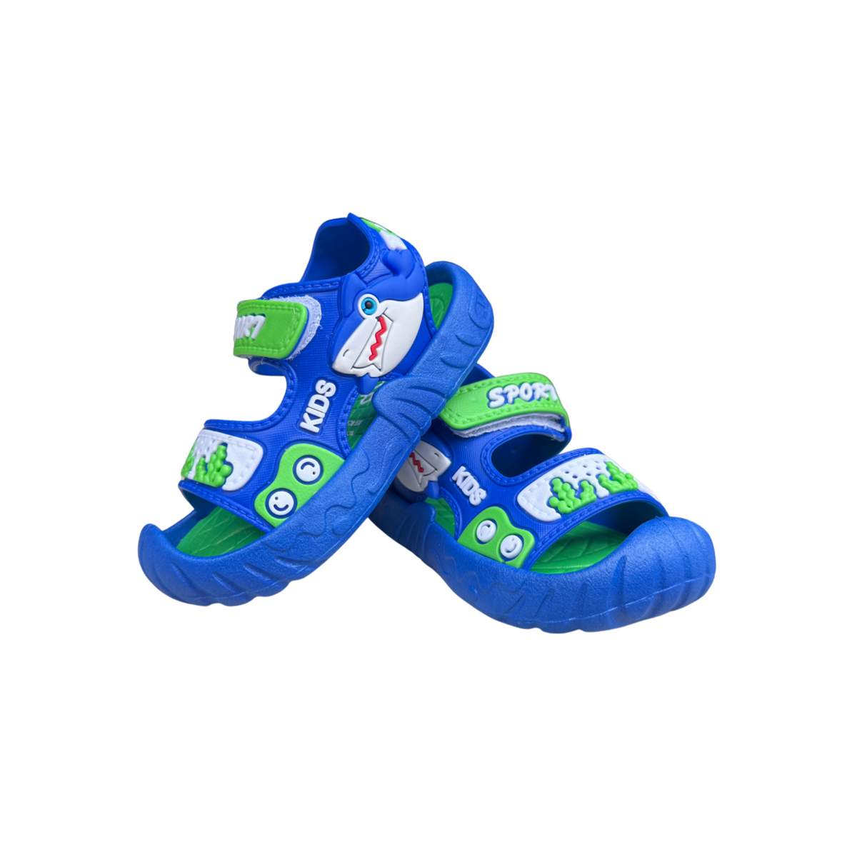 Pair of blue Shark sandals for boys, with a shark and a “Sport” hook-and-loop strap, protective toe cap, non-slip sole, cushioned