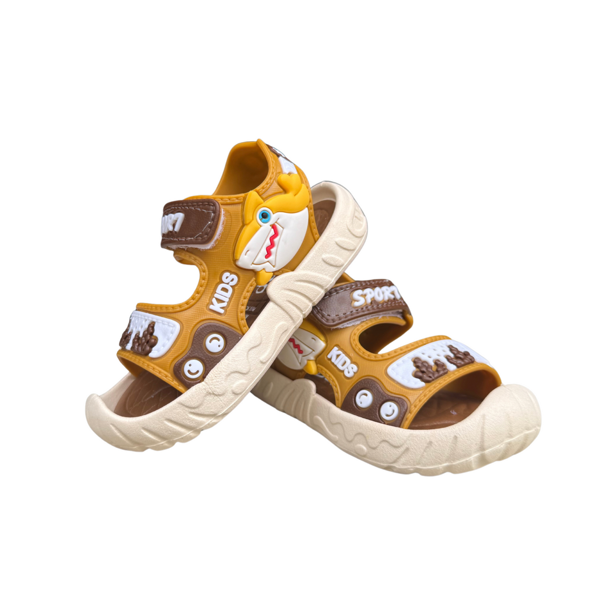 Pair of beige Shark sandals for boys, with a shark and a “Sport” hook-and-loop strap, protective toe cap, non-slip sole, cushioned