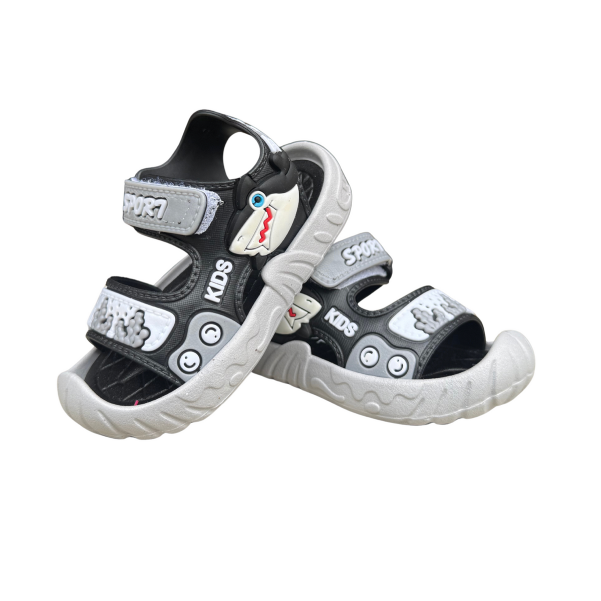 Pair of black Shark sandals for boys, with a shark and a “Sport” hook-and-loop strap, protective toe cap, non-slip sole, cushioned