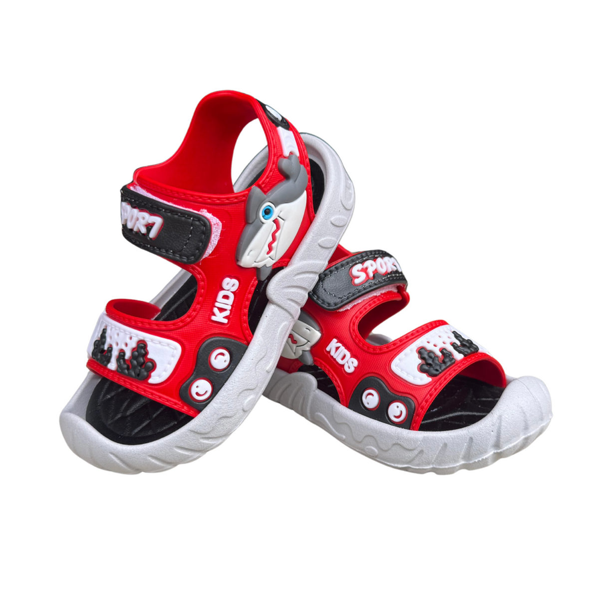 Pair of red Shark sandals for boys, with a shark and a “Sport” hook-and-loop strap, protective toe cap, non-slip sole, cushioned