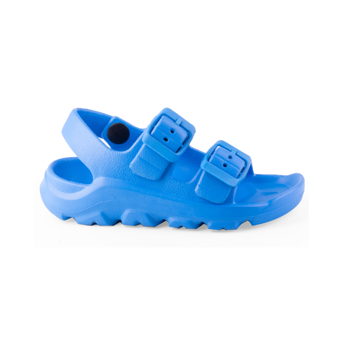 Blue Ares sandal for boys with two buckles, side view, lightweight with a non-slip sole