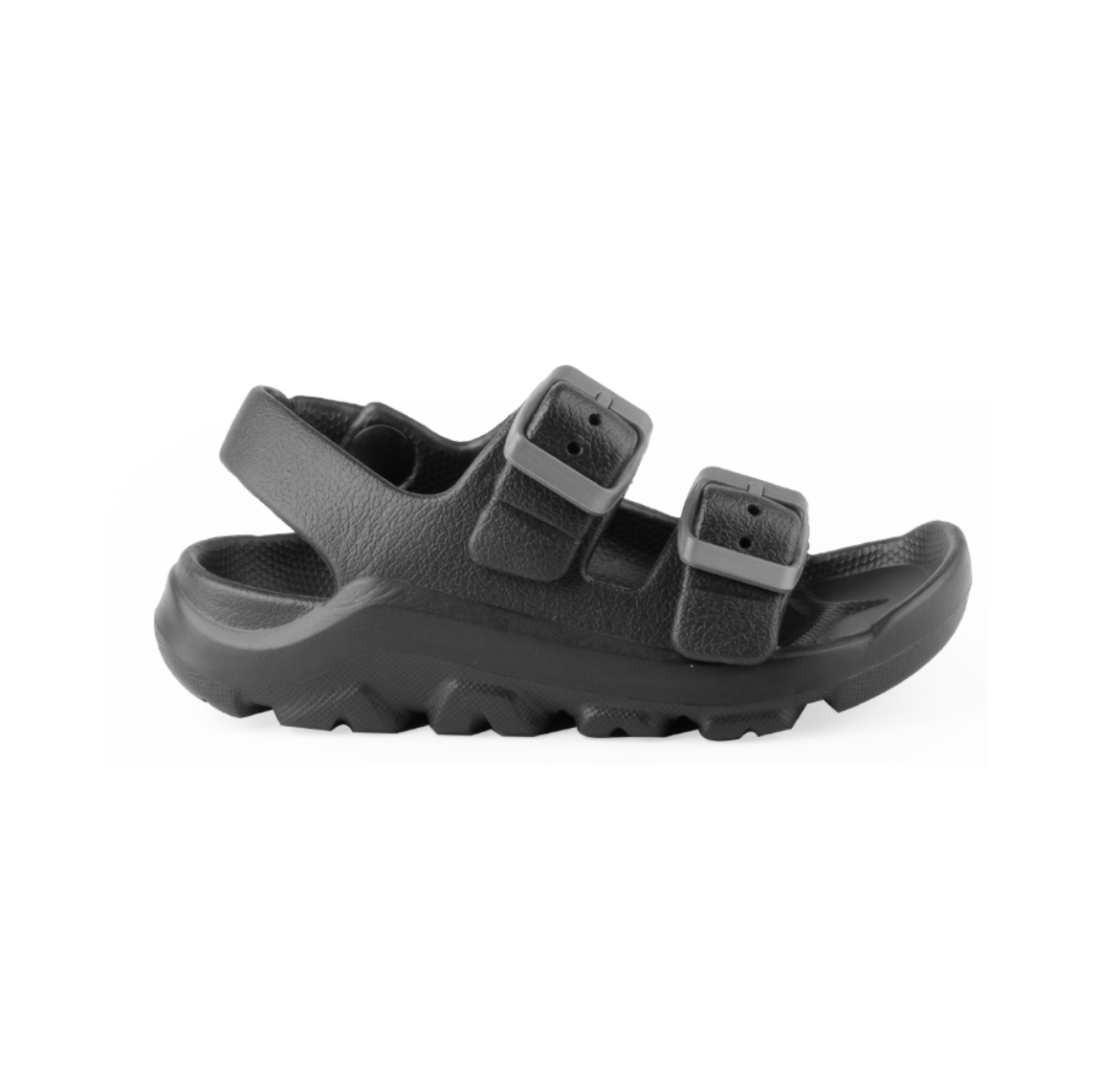 Black Ares sandal for boys with two buckles, side view, lightweight with a non-slip sole