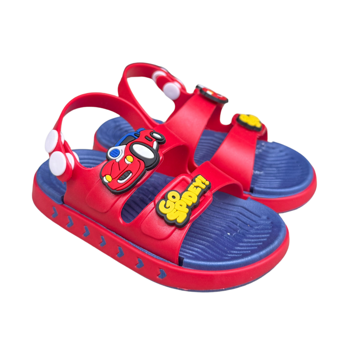 Pair of red Cars Spidey sandals for boys, with a car and “Spidey” on the straps, blue sole, cushioned and lightweight