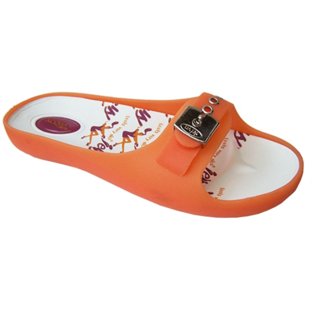Women's orange Aqua physiological sandal with a metal buckle and a printed insole, side view