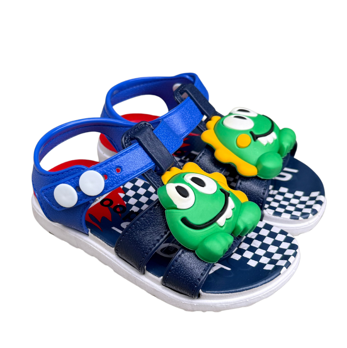 Pair of blue Dino Baby sandals for boys, with green dinosaurs on the front and a checkered insole