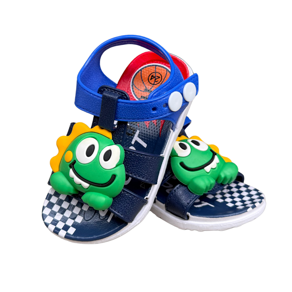Pair of blue Dino Baby sandals for boys, with green dinosaurs on the front and a checkered insole