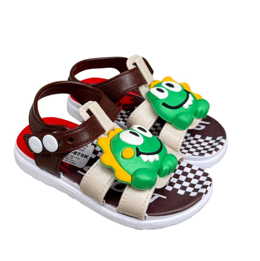 Pair of brown Dino Baby sandals for boys, with green dinosaurs on the front and a checkered insole