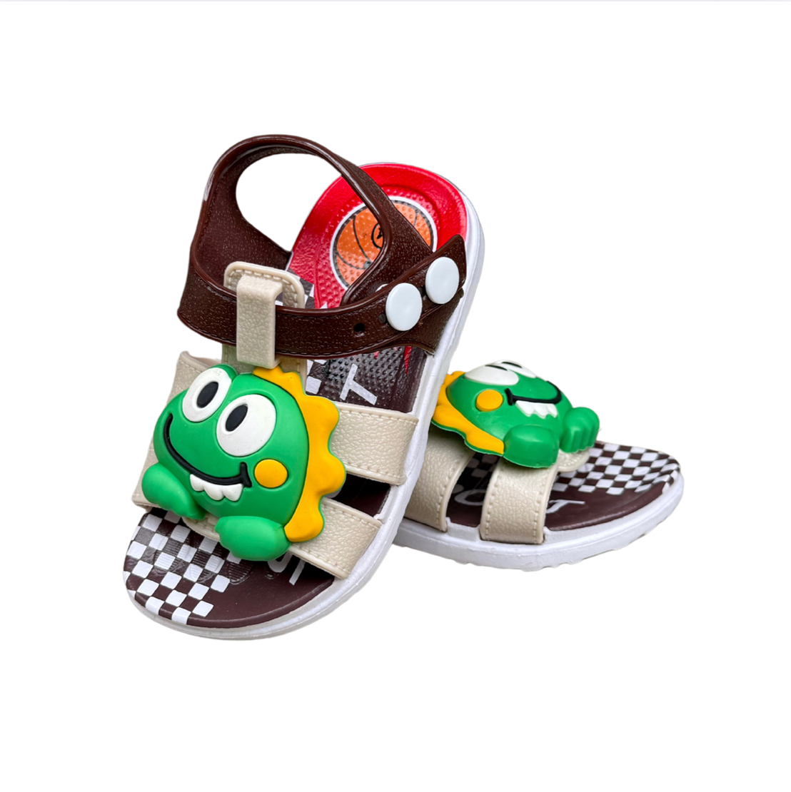 Pair of brown Dino Baby sandals for boys, with green dinosaurs on the front and a checkered insole