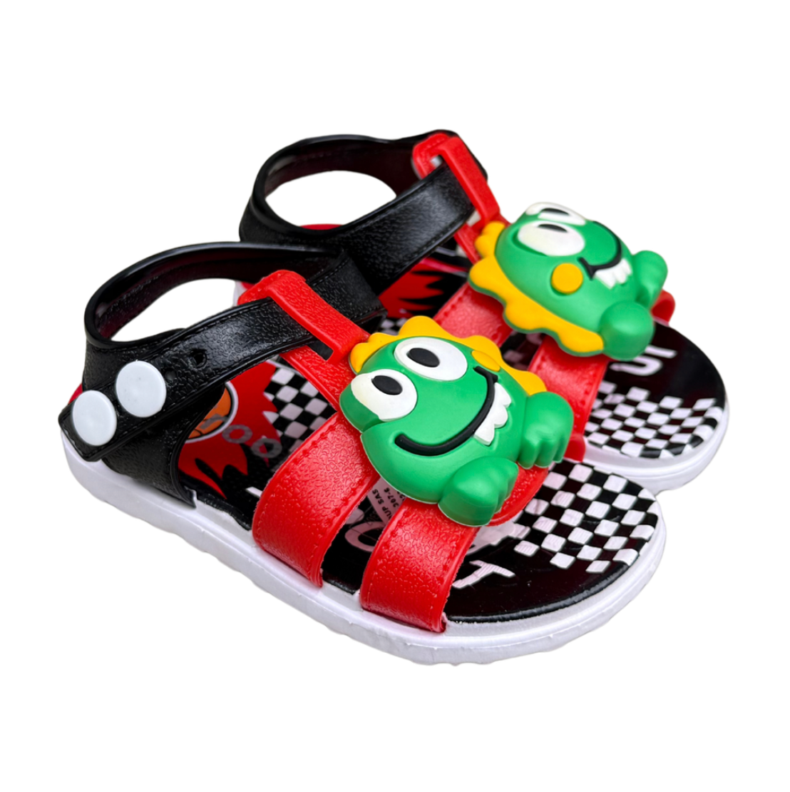 Pair of red Dino Baby sandals for boys, with green dinosaurs on the front and a checkered insole