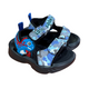 Pair of blue Dino Lookin sandals for boys, with a dinosaur and camo “Lookin” straps, non-slip sole