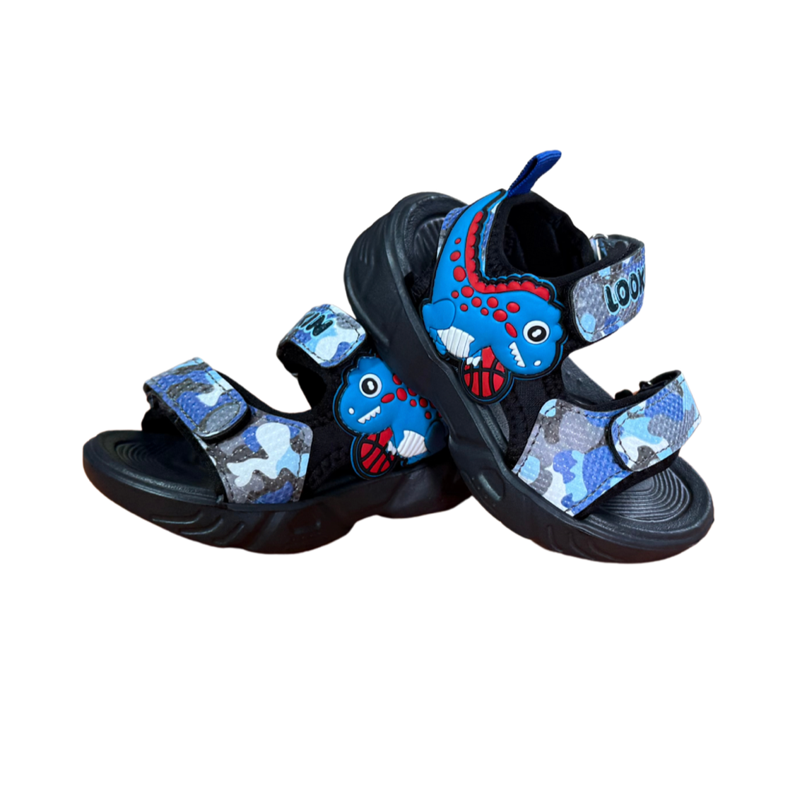 Pair of blue Dino Lookin sandals for boys, with a dinosaur and camo “Lookin” straps, non-slip sole