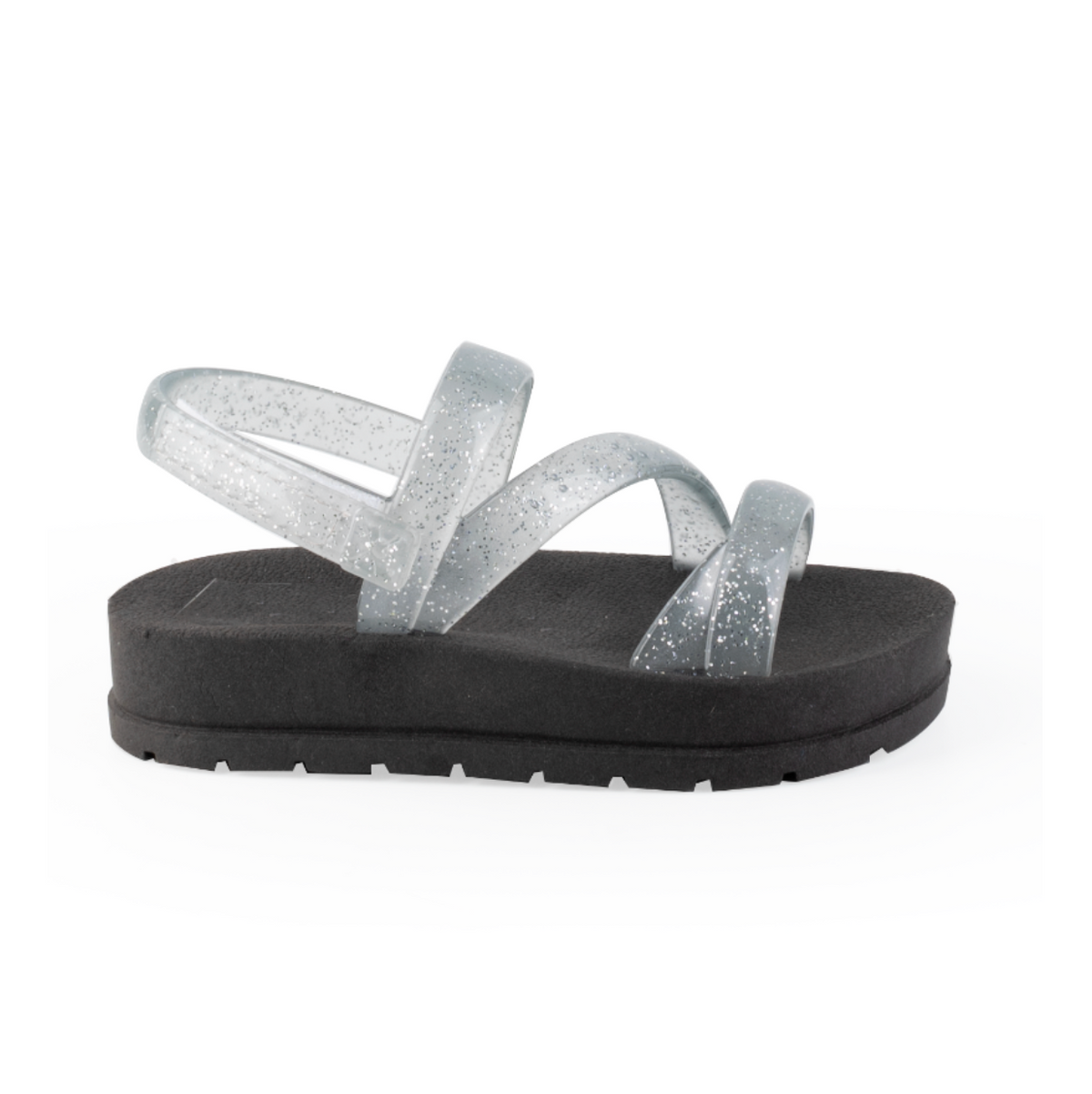 Black Fantasy platform sandal for girls with glittery crisscross straps, side view, non-slip sole