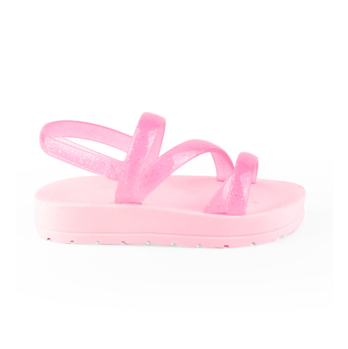 Rose Fantasy platform sandal for girls with glittery crisscross straps, side view, non-slip sole