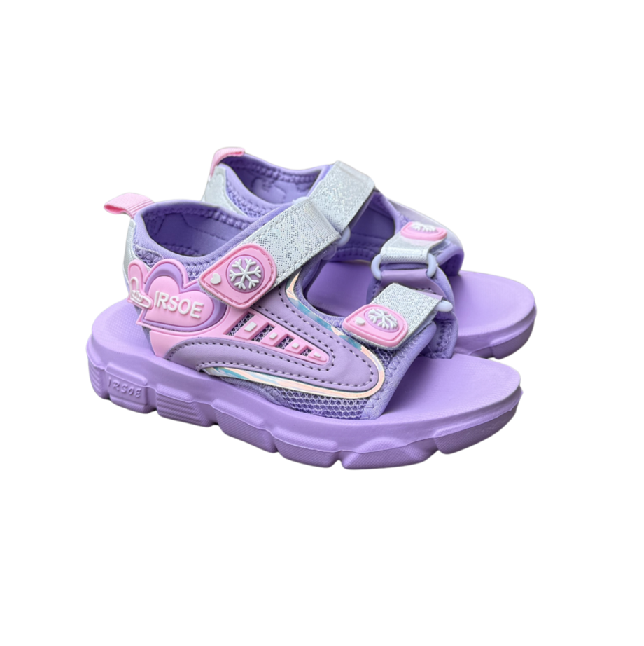 Pair of lilac Irso Ice sandals for girls, with a heart, a snowflake and a glittery hook-and-loop strap, non-slip sole, cushioned