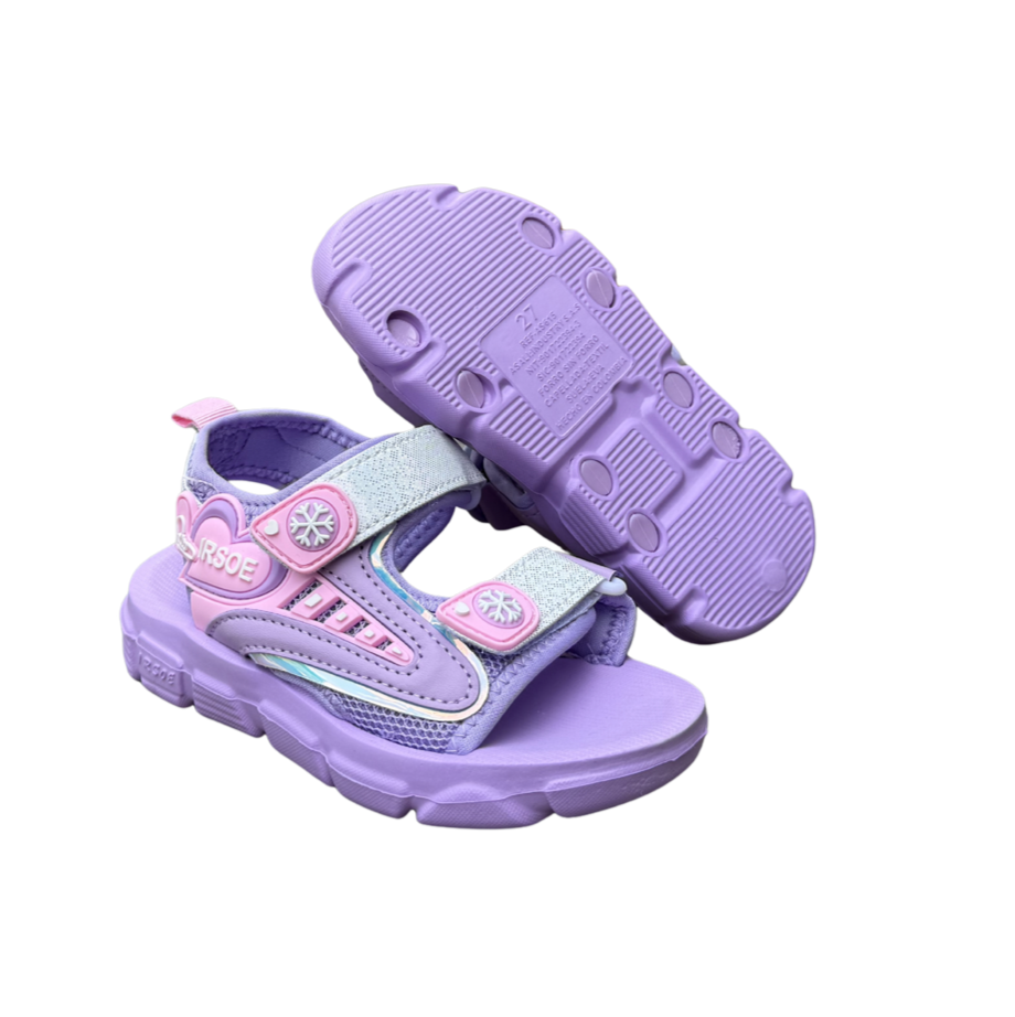 Pair of lilac Irso Ice sandals for girls, with a heart, a snowflake and a glittery hook-and-loop strap, one shown from the side and one showing the sole