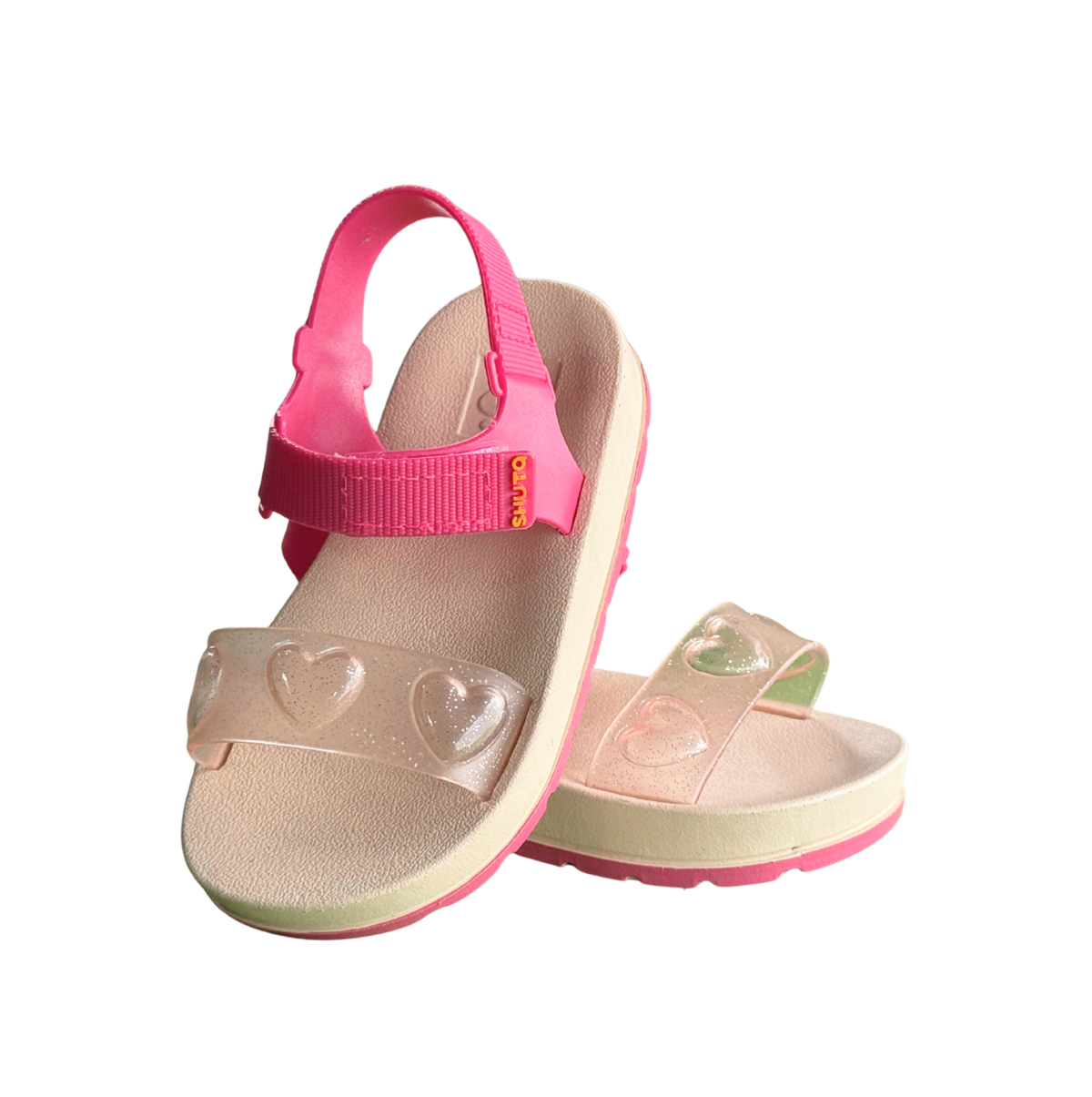 Pair of nude Love Shine sandals for girls, platform style with clear hearts and a hook-and-loop strap