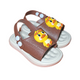Pair of brown Troop Duck sandals for boys, with a yellow duckling on the front and a heel strap, non-slip sole, cushioned