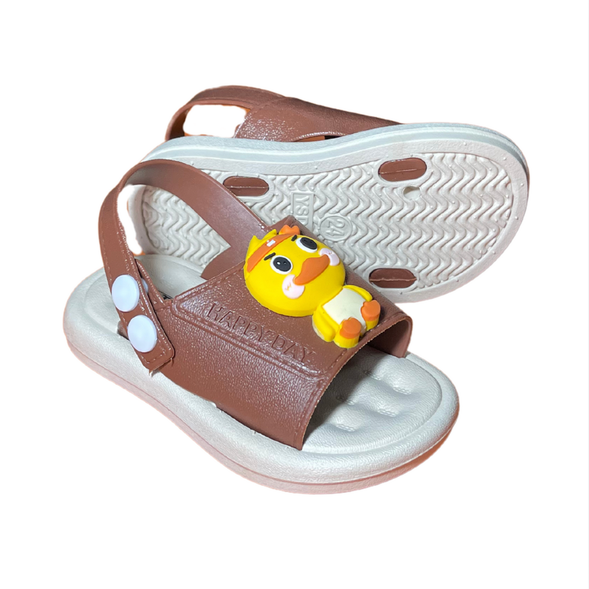 Pair of brown Troop Duck sandals for boys, with a yellow duckling on the front and a heel strap, non-slip sole, cushioned