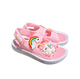 Pair of rose Rainbow Unicorn sandals for girls, mesh with a unicorn and a rainbow on the strap