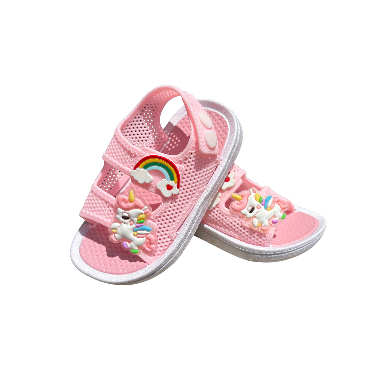 Pair of rose Rainbow Unicorn sandals for girls, mesh with a unicorn and a rainbow on the strap