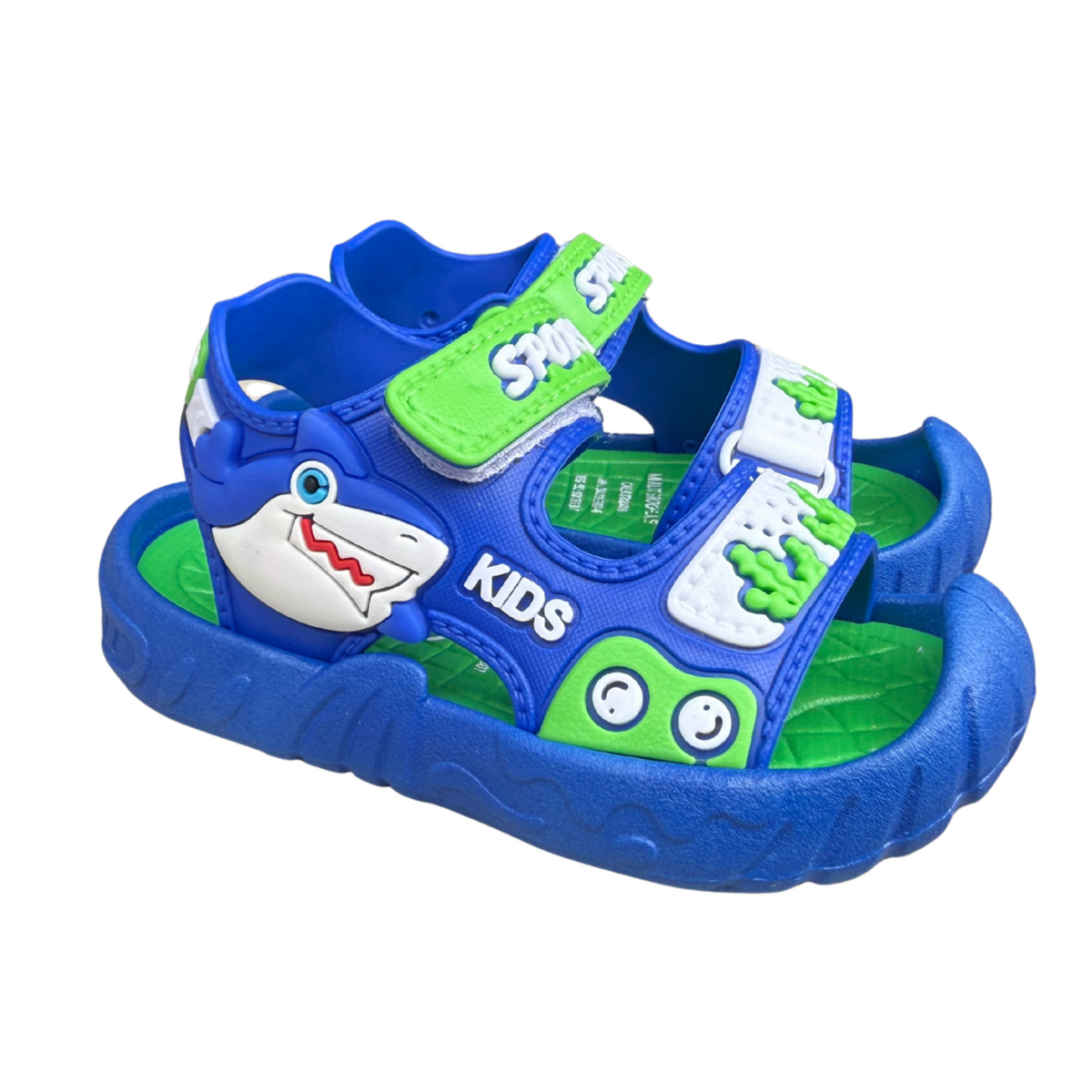 Pair of blue Shark sandals for boys, with a shark and a “Sport” hook-and-loop strap, protective toe cap, non-slip sole, cushioned