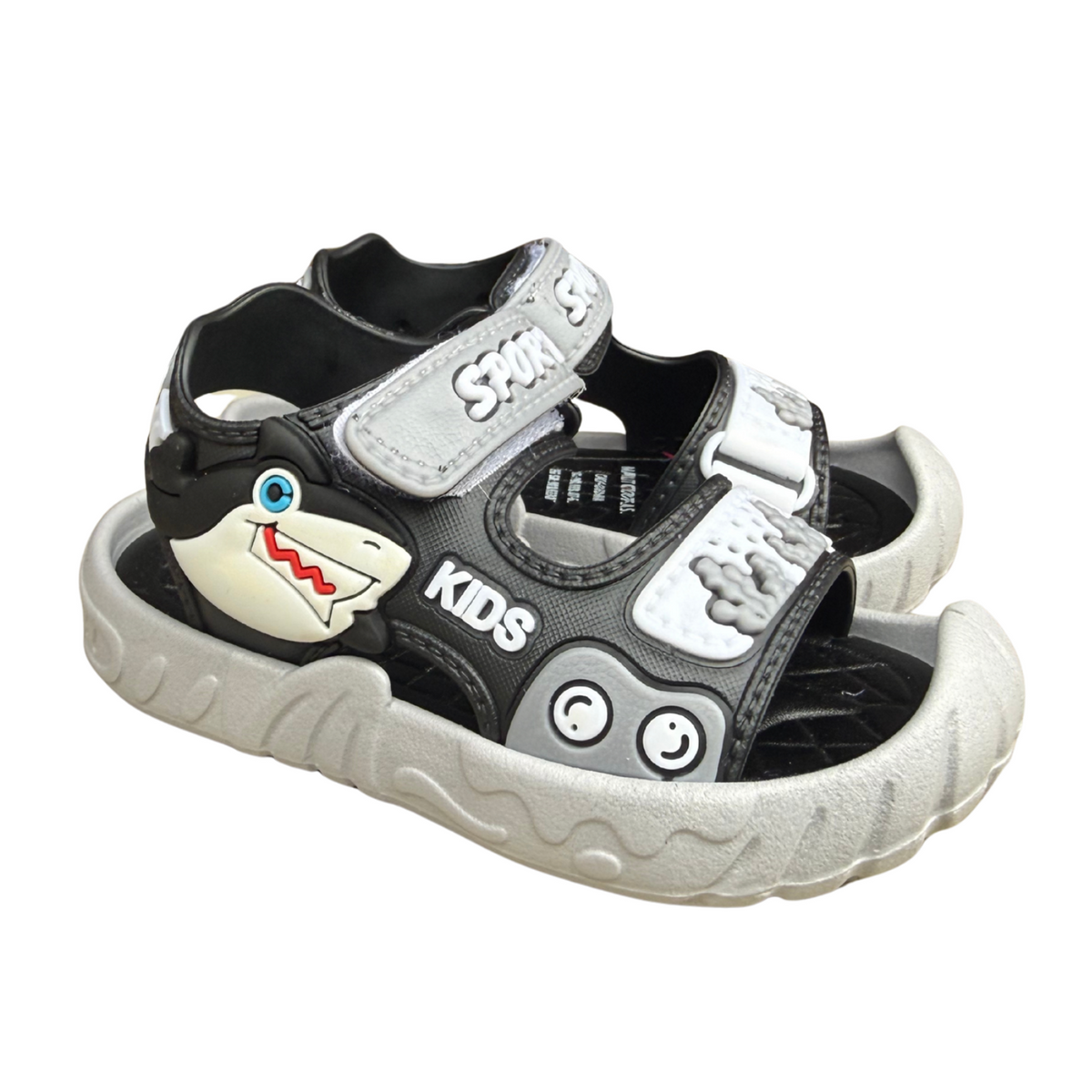 Pair of black Shark sandals for boys, with a shark and a “Sport” hook-and-loop strap, protective toe cap, non-slip sole, cushioned