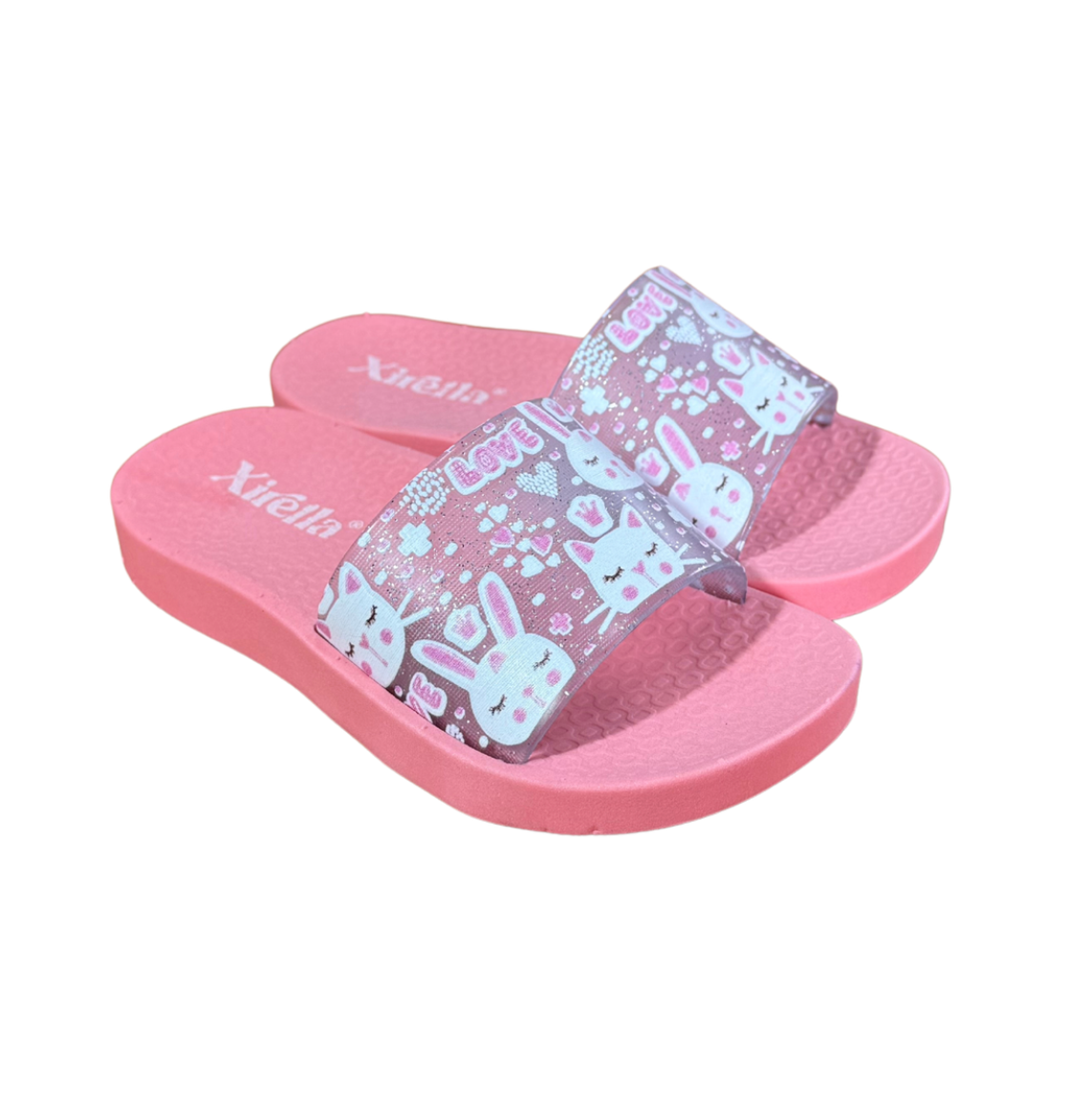 Par de sandalias Slide Bunny coral para niña, slide con conejitos en la tira, suela antideslizante y livianas