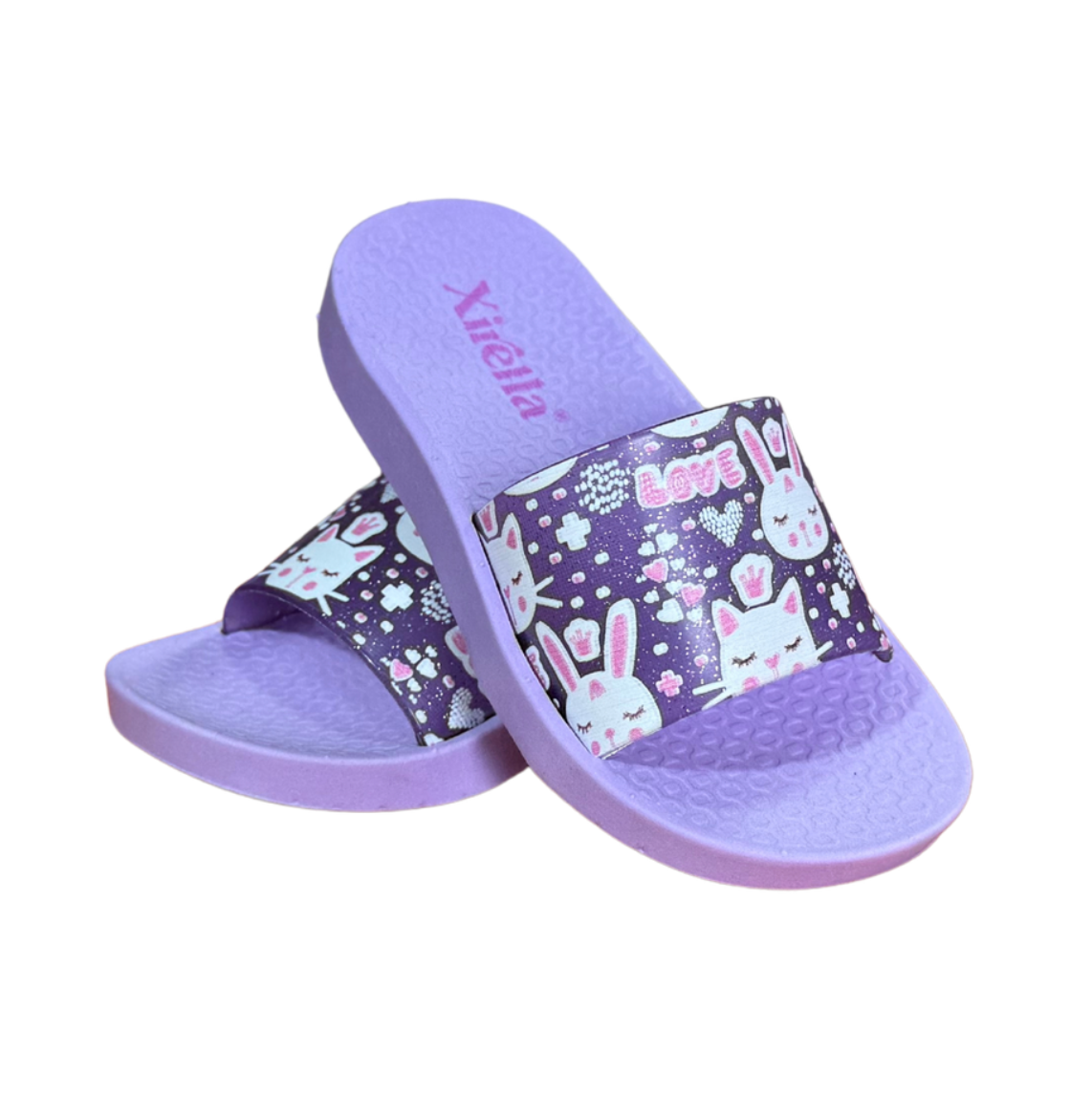 Pair of lilac Slide Bunny sandals for girls, slides with little bunnies on the strap, non-slip sole, lightweight