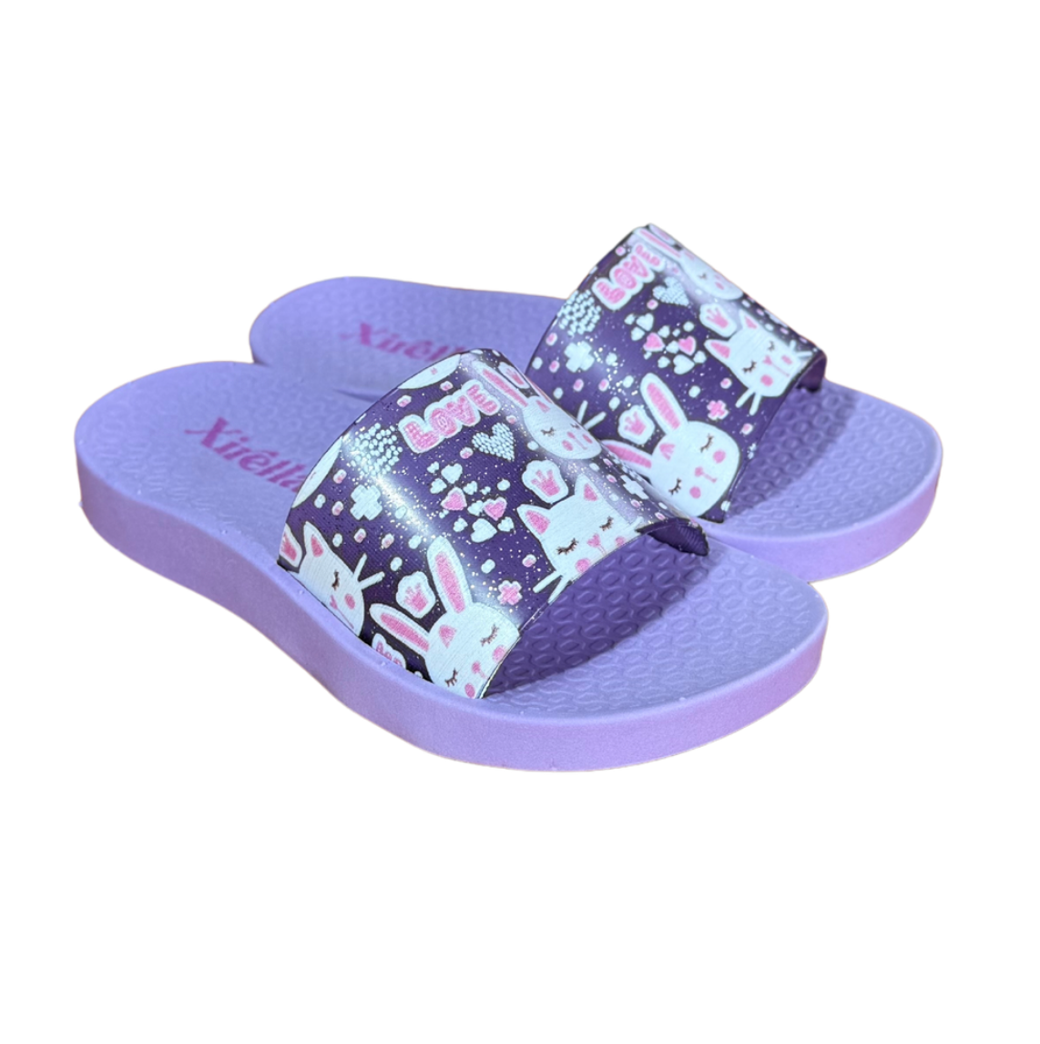 Pair of lilac Slide Bunny sandals for girls, slides with little bunnies on the strap, non-slip sole, lightweight