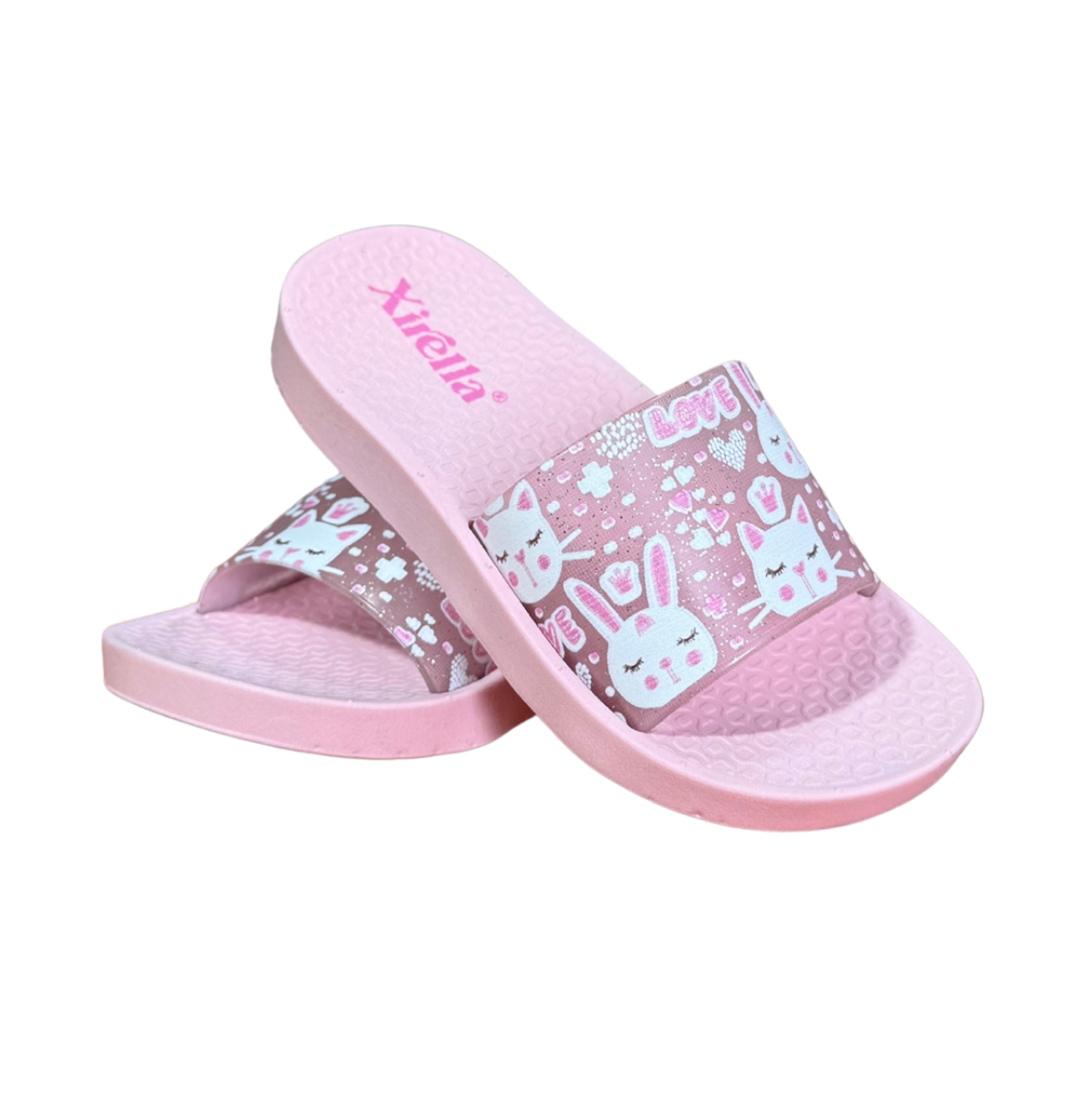 Par de sandalias Slide Bunny rosa para niña, slide con conejitos en la tira, suela antideslizante y livianas
