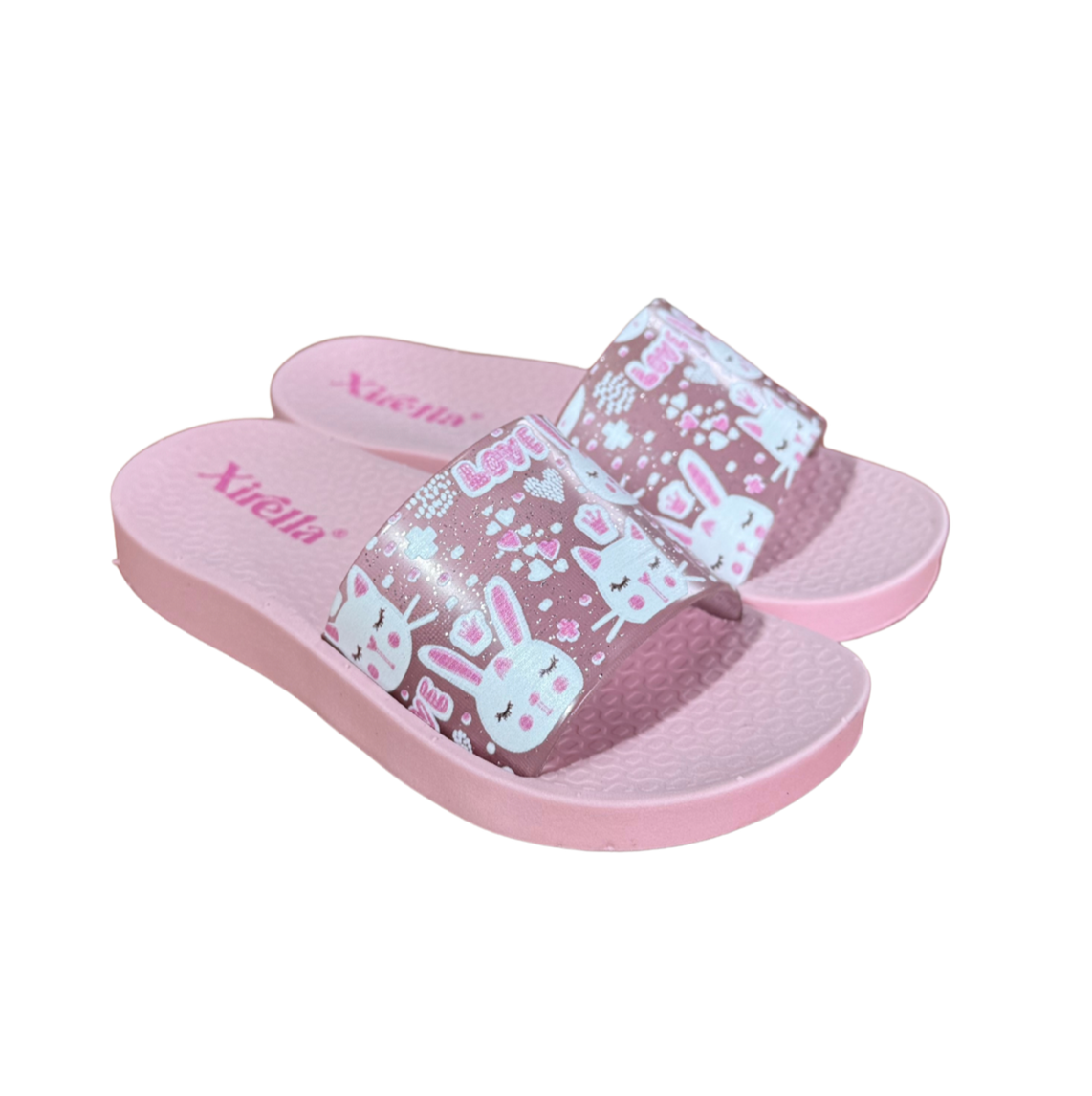 Par de sandalias Slide Bunny rosa para niña, slide con conejitos en la tira, suela antideslizante y livianas