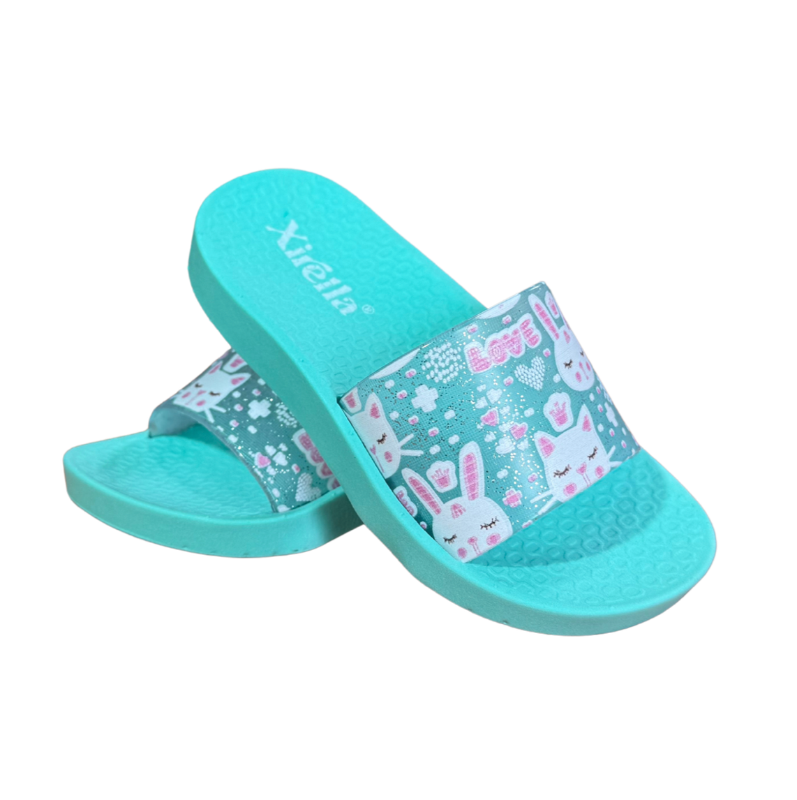 Par de sandalias Slide Bunny verdes para niña, slide con conejitos en la tira, suela antideslizante y livianas