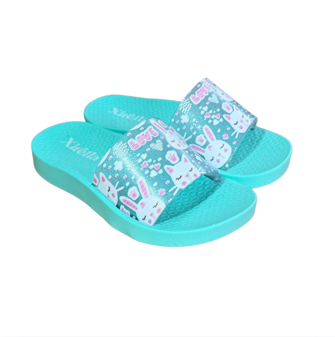 Par de sandalias Slide Bunny verdes para niña, slide con conejitos en la tira, suela antideslizante y livianas