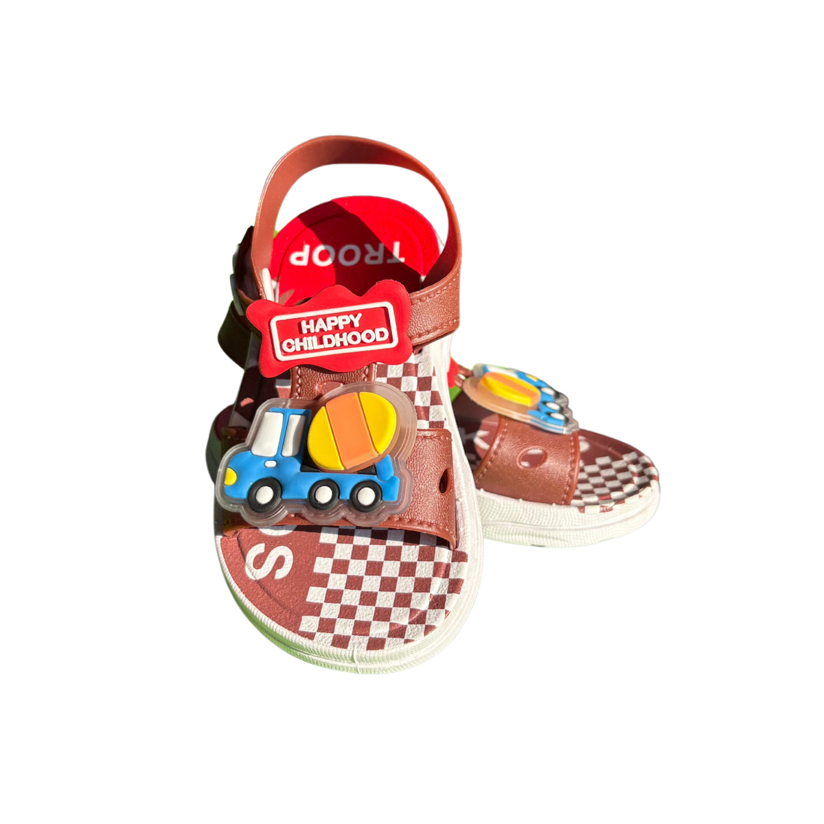 Pair of brown Troop Car sandals for boys, with a toy car on the front and a checkered insole, non-slip sole