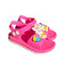 Pair of fuchsia Troop Rabbit sandals for girls, with a bunny and balloons on the front and a heel strap